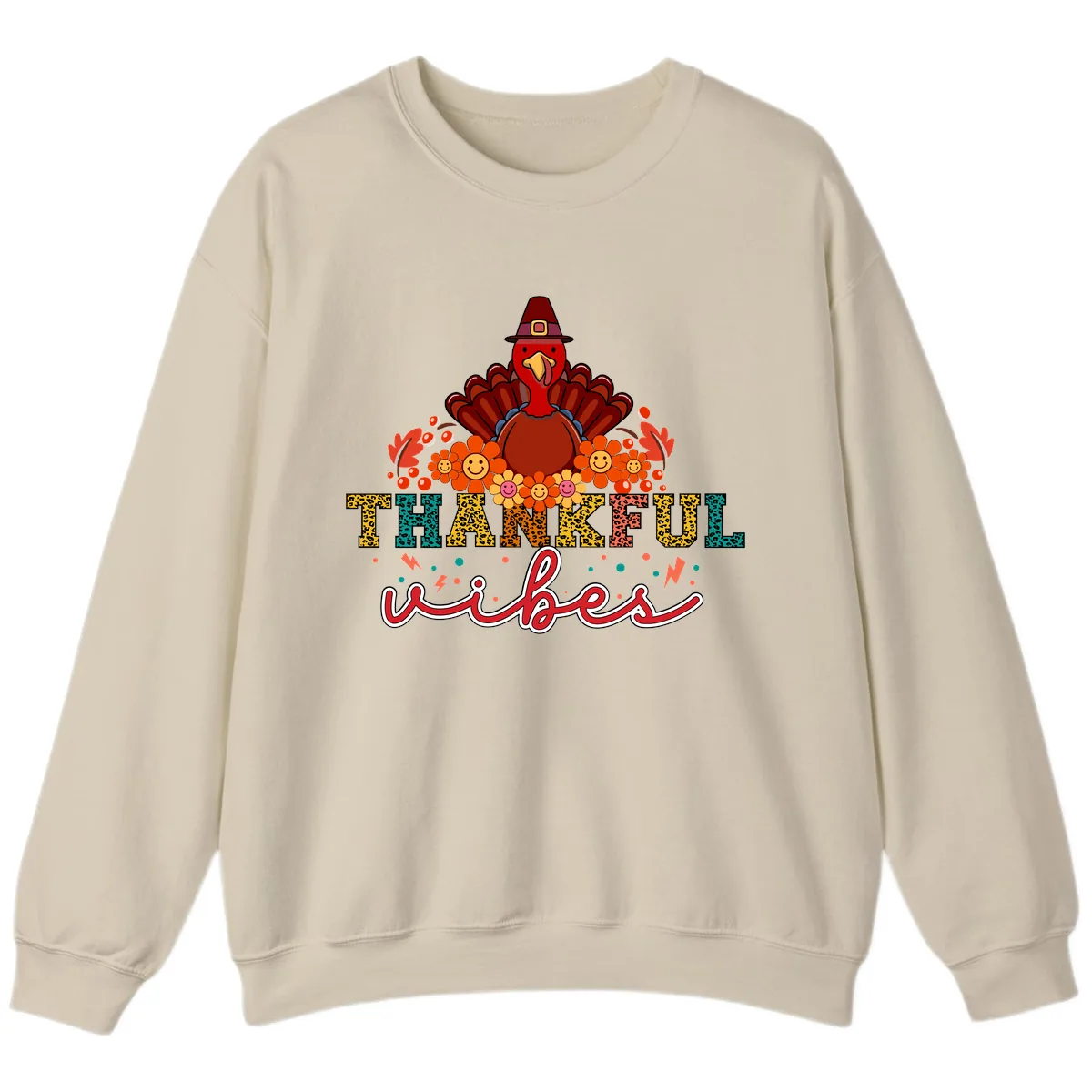 Turkey Vibes Thanksgiving Design Sweatshirt in Sand